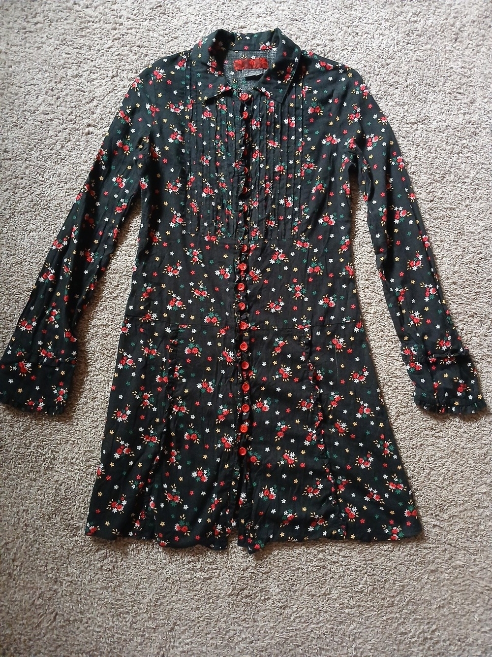 Vtg Free People Black Floral Mini Dress with Red Accent Buttons